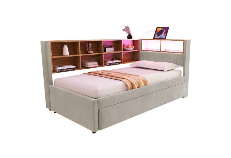 autolock Daybett Schlafsofa,Ausziehbett,Polsterbett,Multifunktionsschlafsofa,Einzelbett, ausgestattet mit LED Leuchten, Steckdosen und vielen Ablagefächern von autolock