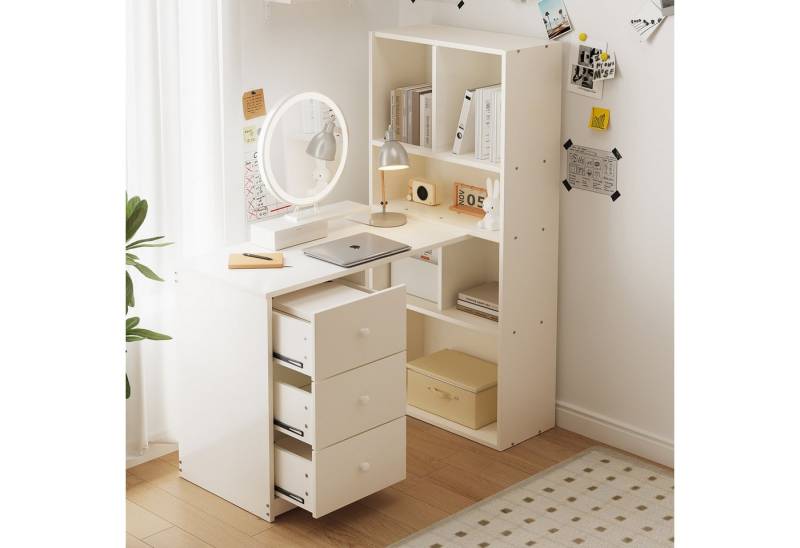 autolock Eckschreibtisch Eckschreibtisch Schreibtisch Mit Bücherregal (117×63×135 cm), mit 4 Ablagefächern 3 Schubladen, Weiß von autolock