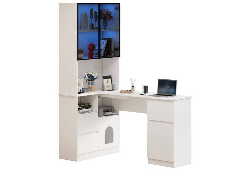 autolock Eckschreibtisch Schreibtisch Eck-Tisch mit Regal, LED-Vitrinenschrank, Haustierfach (120×80×180 cm 3 Schubladen, 2 Türen), Schreibtisch mit eingebautem Bücherregal Kabeldurchlass von autolock