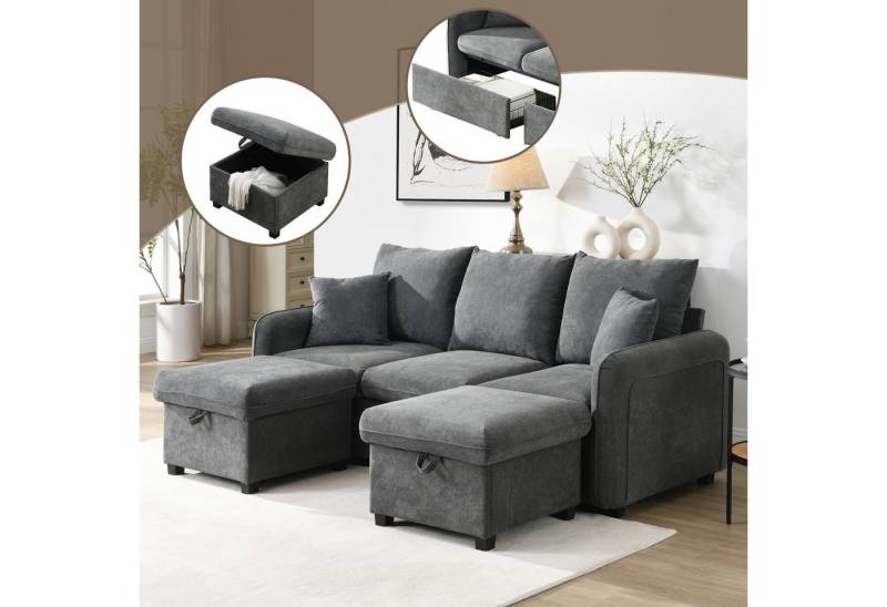 autolock Ecksofa Multifunktionale Ecksofa U-Form-3-sitzer Polster-Sofa mit Staufunktion, Modular zerlegbares Sofa-Set mit Schlaffunktion, Chenille-Bezug von autolock