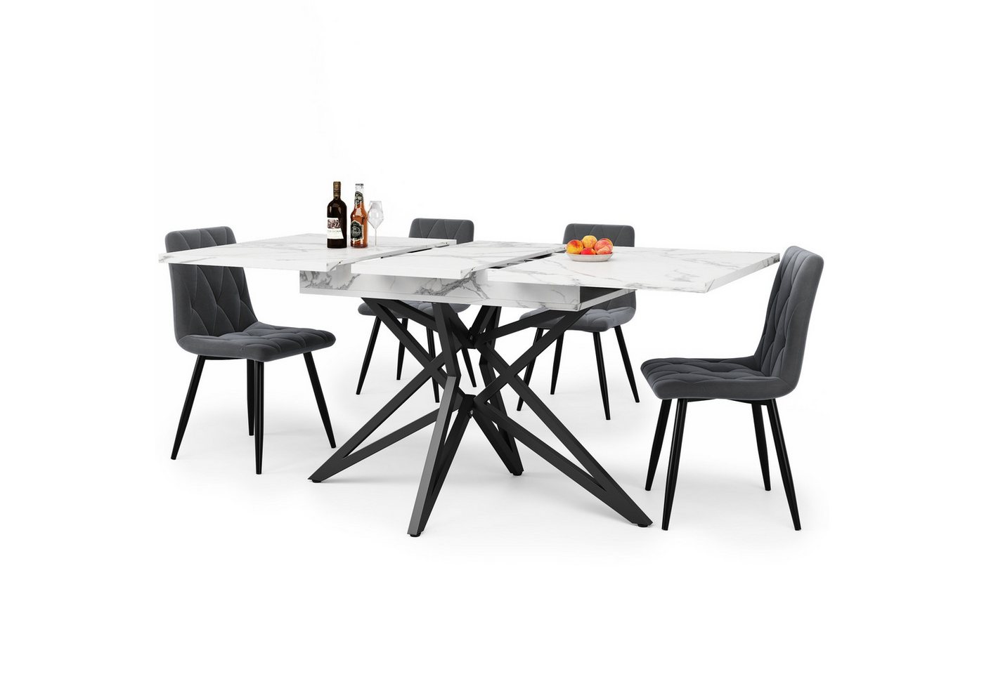 autolock Essgruppe Esstisch-Set ausziehbarer Esstisch Esszimmerstühle Samt, (5-tlg., 120/160 × 68 cm Esstisch mit 4 Stühlen), Einzigartiges Esstisch Set mit sternförmigen Beinen von autolock