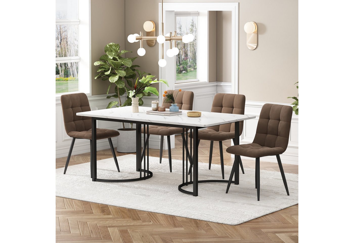 autolock Essgruppe Esstisch mit 4 Stühlen Set, Moderner Küchentisch Set, (140×80 cm), Küchentisch mit Schwarz Metallbeinen, Samt Esszimmerstühle für Wohn von autolock
