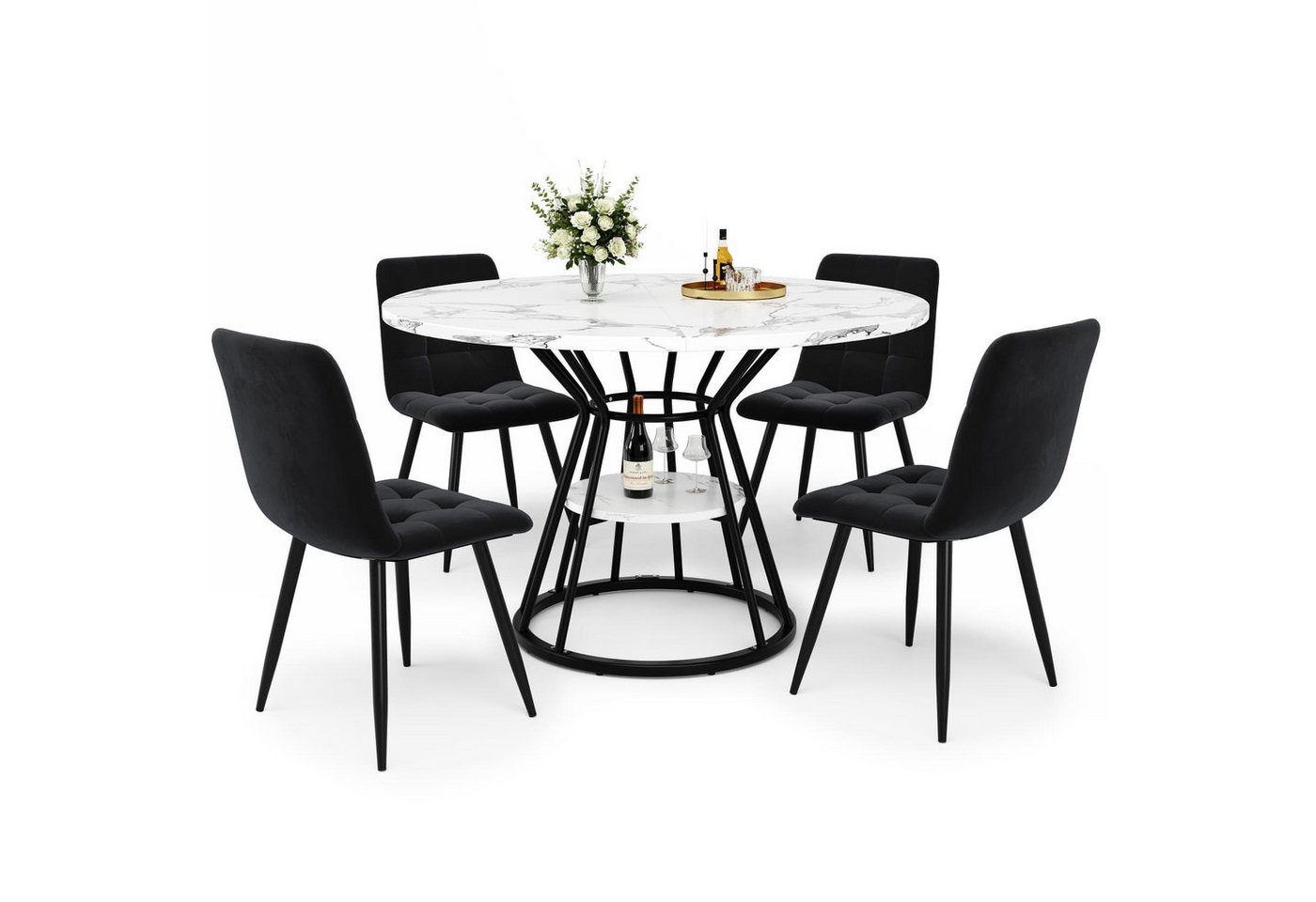 autolock Essgruppe Tischset (5-teilig)Essgruppe,runder Esstisch,Couchtisch,100x100x76cm, 4 Samtstuhl (inkl. Esstisch mit Marmorplatte) für 4 Personen von autolock