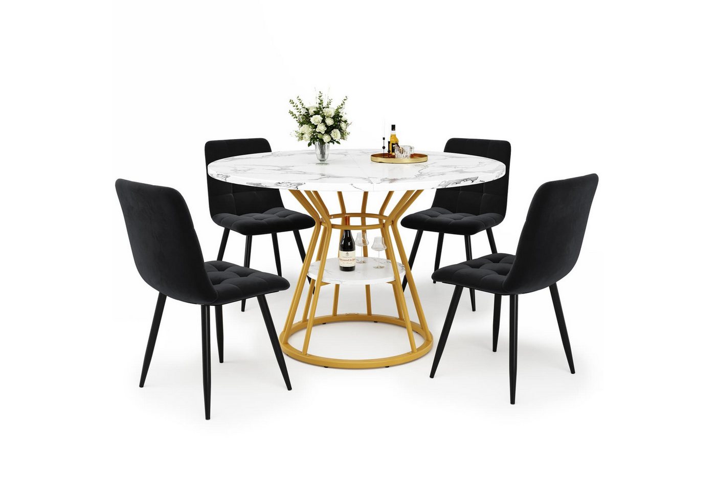 autolock Essgruppe Tischset (5-teilig)Essgruppe,runder Esstisch,Couchtisch,100x100x76cm, 4 Samtstuhl (inkl. Esstisch mit Marmorplatte) für 4 Personen von autolock