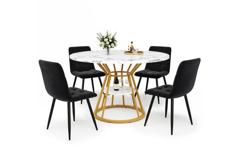 autolock Essgruppe Tischset (5-teilig)Essgruppe,runder Esstisch,Couchtisch,100x100x76cm, 4 Samtstuhl (inkl. Esstisch mit Marmorplatte) für 4 Personen von autolock