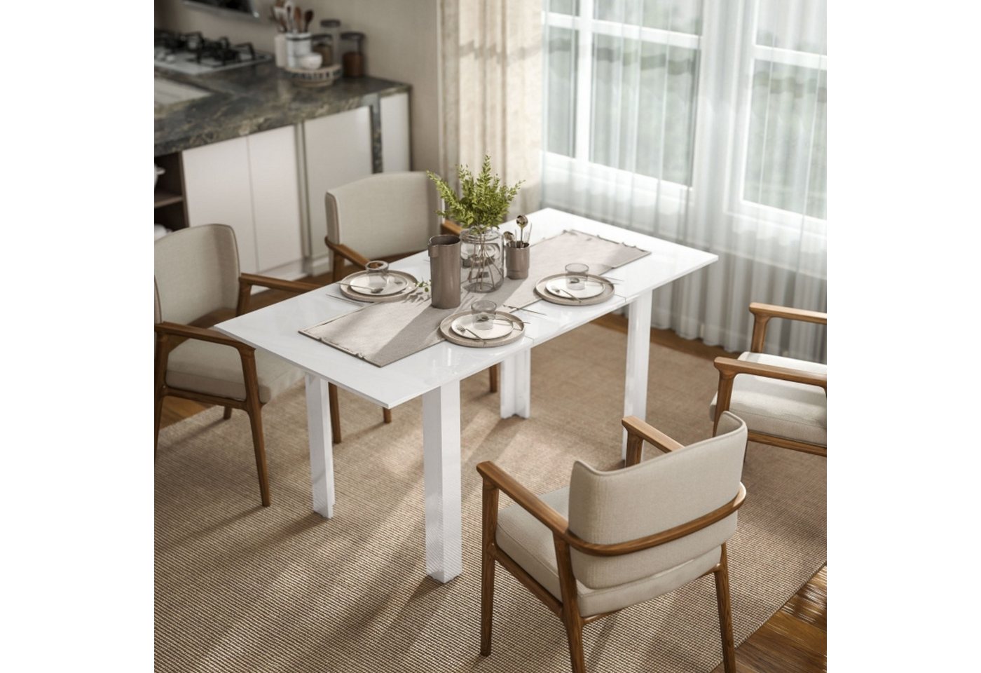 autolock Esstisch Ausziehbarer Esstisch Hochglanz weiß für 4-6 Personen, verstellbarer Küchentisch, 120-160 x 70 cm, MDF von autolock