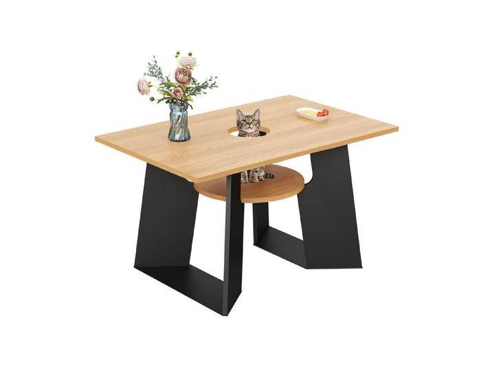 autolock Esstisch Haustierfreundlicher Esszimmer-Küchentisch mit Haustierbereich, Mit Ablagebrettchen,(130×85×75 cm), rechteckig für 6 Personen, beige von autolock