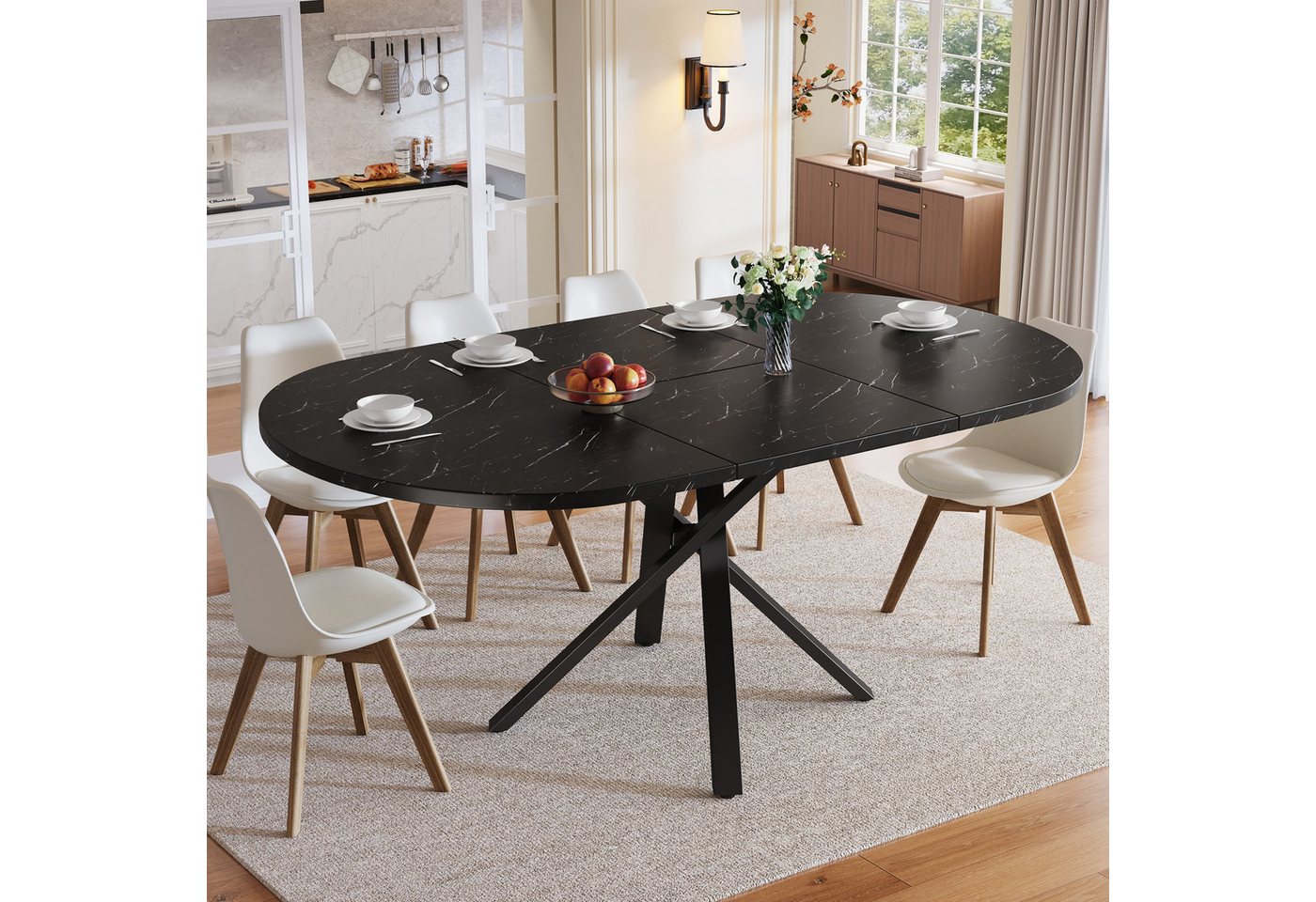 autolock Esstisch Runder Ausziehtisch mit Marmoroptik 100-140 cm für 4-6 Personen (100-140×100×75.5 cm), Küchentisch Frühstückstisch Mit X-Metallgestell in Schwarz von autolock