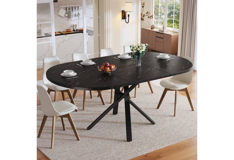 autolock Esstisch Runder Ausziehtisch mit Marmoroptik 100-140 cm für 4-6 Personen (100-140×100×75.5 cm), Küchentisch Frühstückstisch Mit X-Metallgestell in Schwarz von autolock