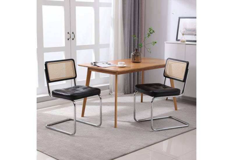 autolock Esszimmerstuhl 2er-Set moderne Esszimmerstühle aus Rattan mit Kunstlederpolster, Mesh-Rückenlehne, Metallbeine, Küchenstuhl Braun/Schwarz von autolock