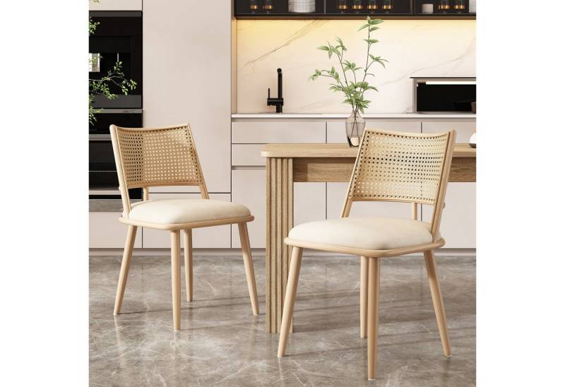 autolock Esszimmerstuhl Polsterstühle Stuhl Küchenstuhl PU-Sitz, Rattan-Rückenlehne (2 St), Wohnzimmer,Schlafzimmer,Beige  von autolock