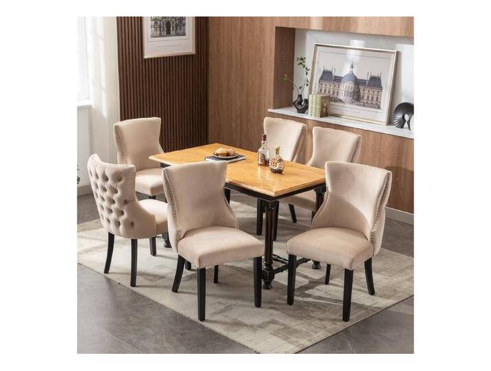 autolock Esszimmerstuhl Stuhl mit Knopfsteppung Gestell aus Massivholz Samt (6 St), beige, 6 St. von autolock