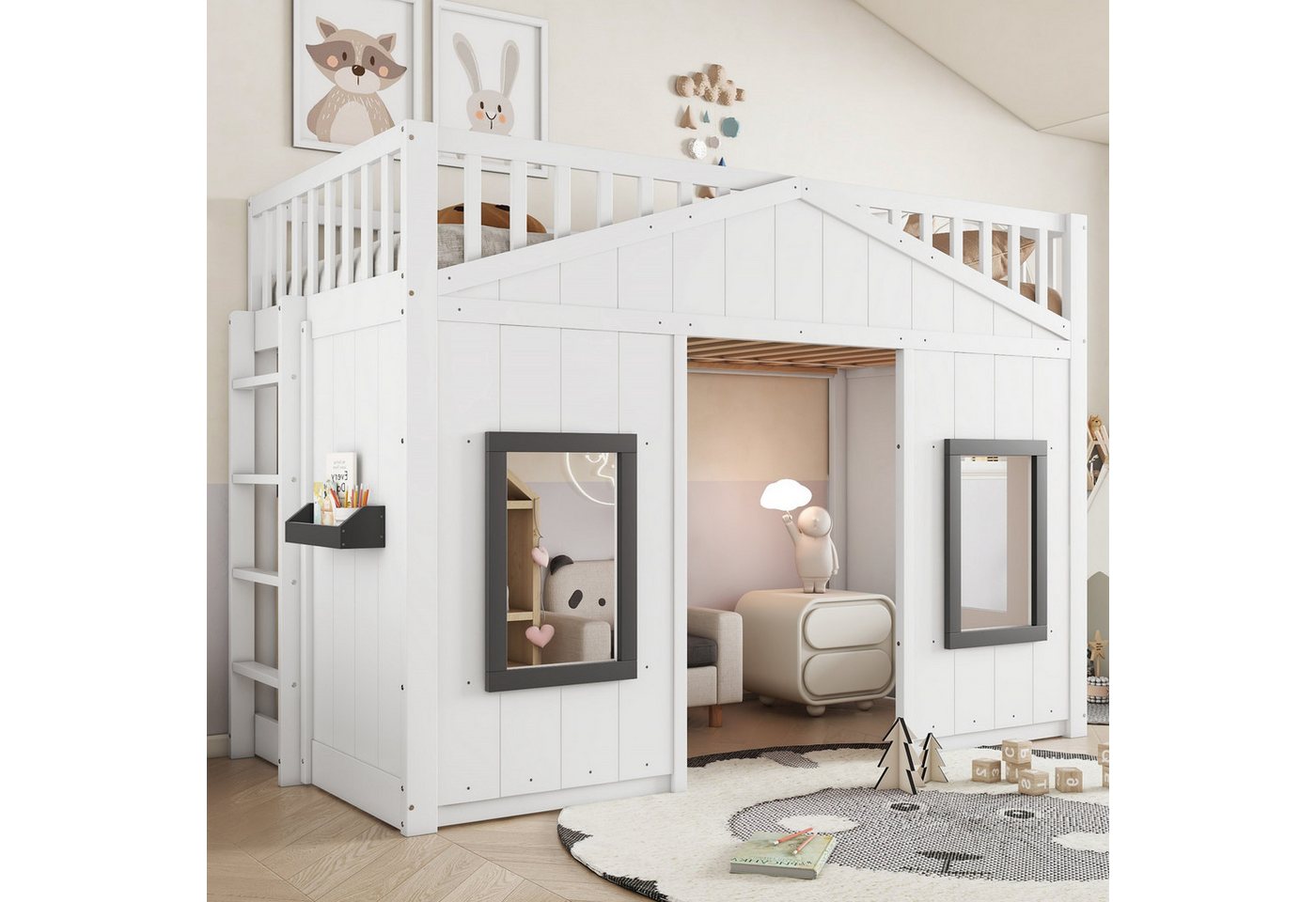 autolock Etagenbett Hausbett Kinderbett mit Treppe, Fallschutz, Gitter, Rahmen aus Kiefer (90x200 cm), Holzbett Massivholzbett mit Fenster, Frei gestaltetes Unterbett, Weiß von autolock