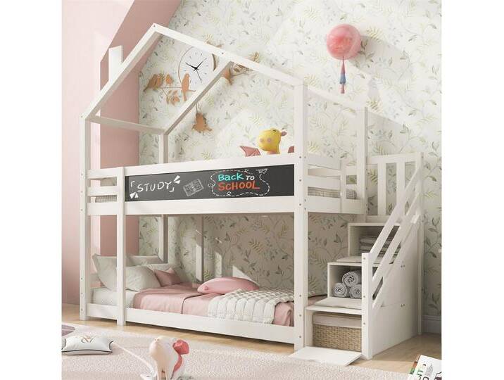 autolock Etagenbett Kinderbett Baumhaus mit Schornstein,Speicherung und Rausfallschutz, 90 x 200 cm, Hochbett für Kinder inkl.Tafel– 2x Lattenrost von autolock