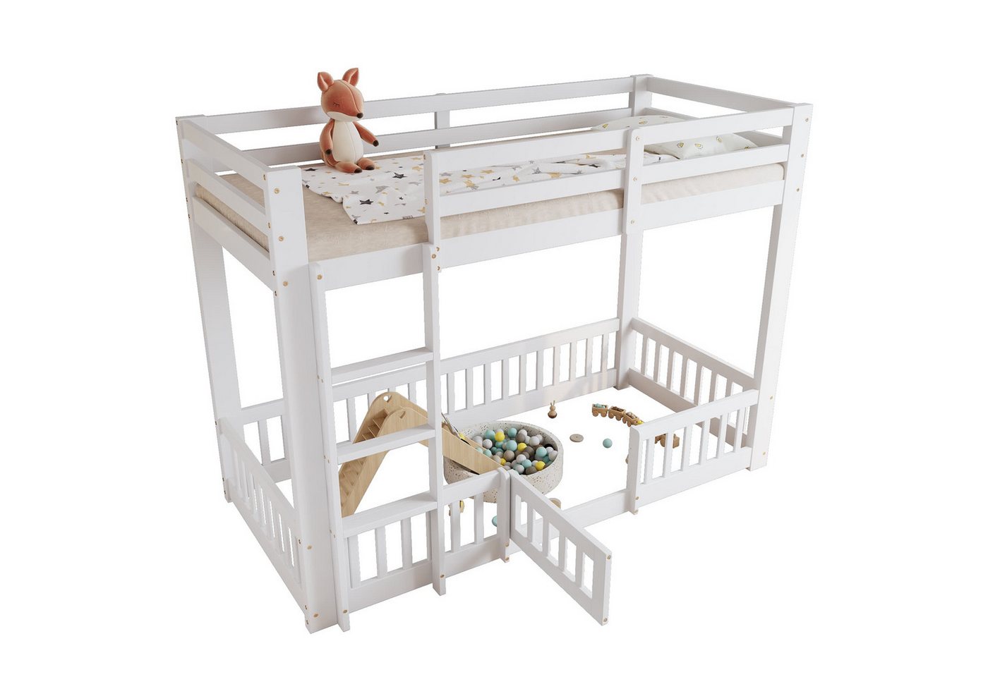 autolock Etagenbett Kinderbett Holzbett aus Kiefernholz mit Absturzsicherung 90x200cm (rechtwinkliger Treppe,Tür, Freier Gestaltungsraum unter dem Bett), Hochbett Jugendbetten für Schlafzimmer Kinderzimmer von autolock