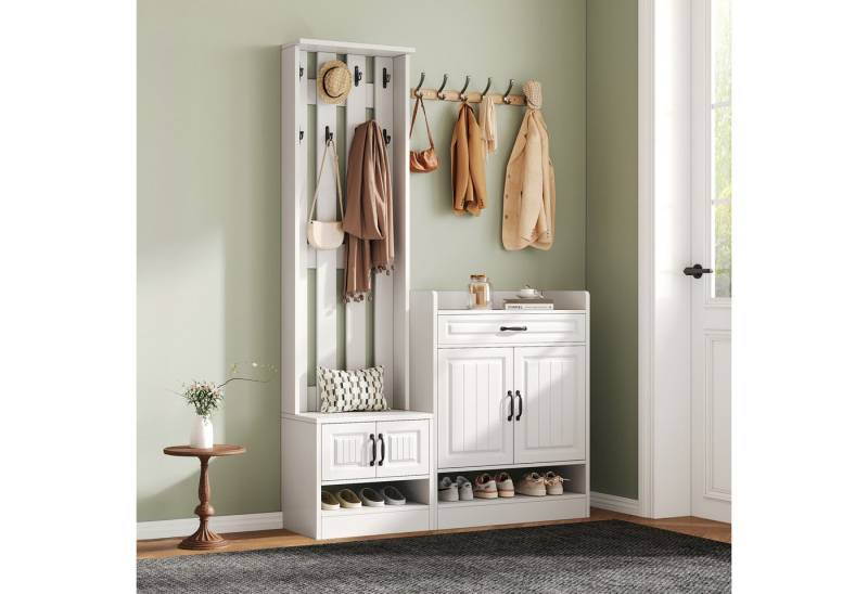 autolock Garderobe Garderobenständer Wandgarderobe Garderoben Set mit Schuhbank, Schrank (125*36*190 cm), Flurmöbel mit 8 Haken, 4 Türen, 1 Schublade, Weiß von autolock