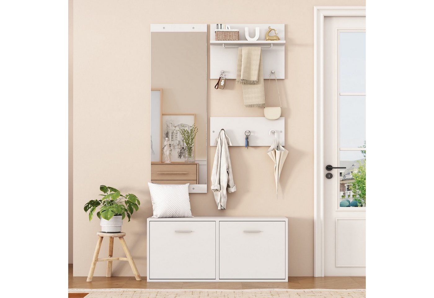 autolock Garderoben-Set Garderobenständer 4-teilig mit Spiegel,2 Hutablage & Schuhschrank, Kleiderständer Flurgarderoben Kompaktgarderobe mit 6 Kleiderhaken,Weiß von autolock
