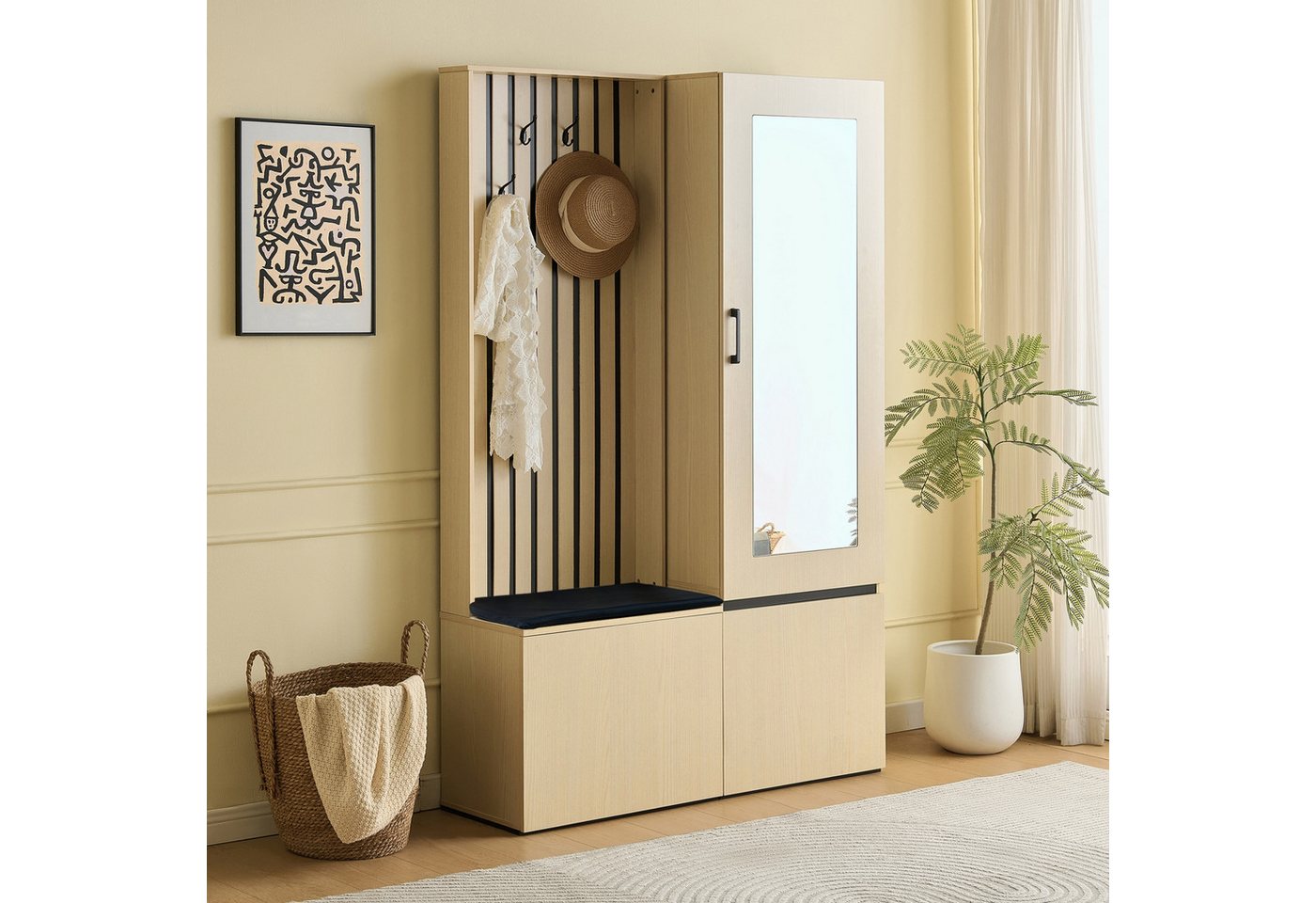 autolock Garderobenschrank Garderobenständer mit Spiegel, Sitzbank, ausziehbarer Kleiderstange (4 Haken, Schuhablage, Polsterbank) Kleiderschrank Garderobe Flurschrank Flurmöbel-Set von autolock