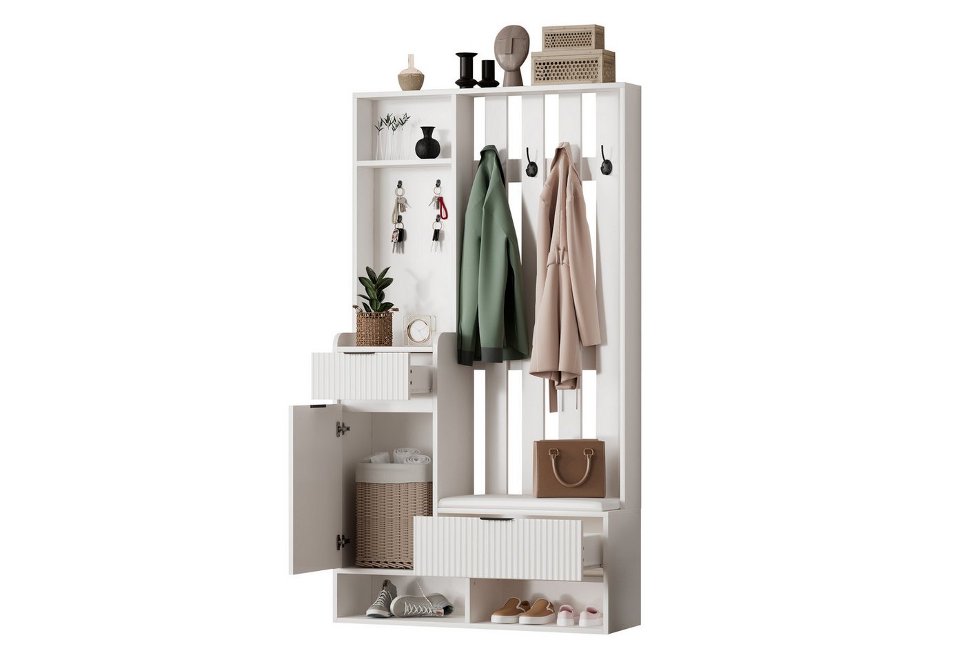 autolock Garderobenständer Garderobe 6-in-1 weiß 100x30x180 cm mit Schuhbank, Kompaktgarderobe, (mit 8 Haken, Ablagen & Kippschutz), Flurgarderobe Schuhschrank für Flur von autolock