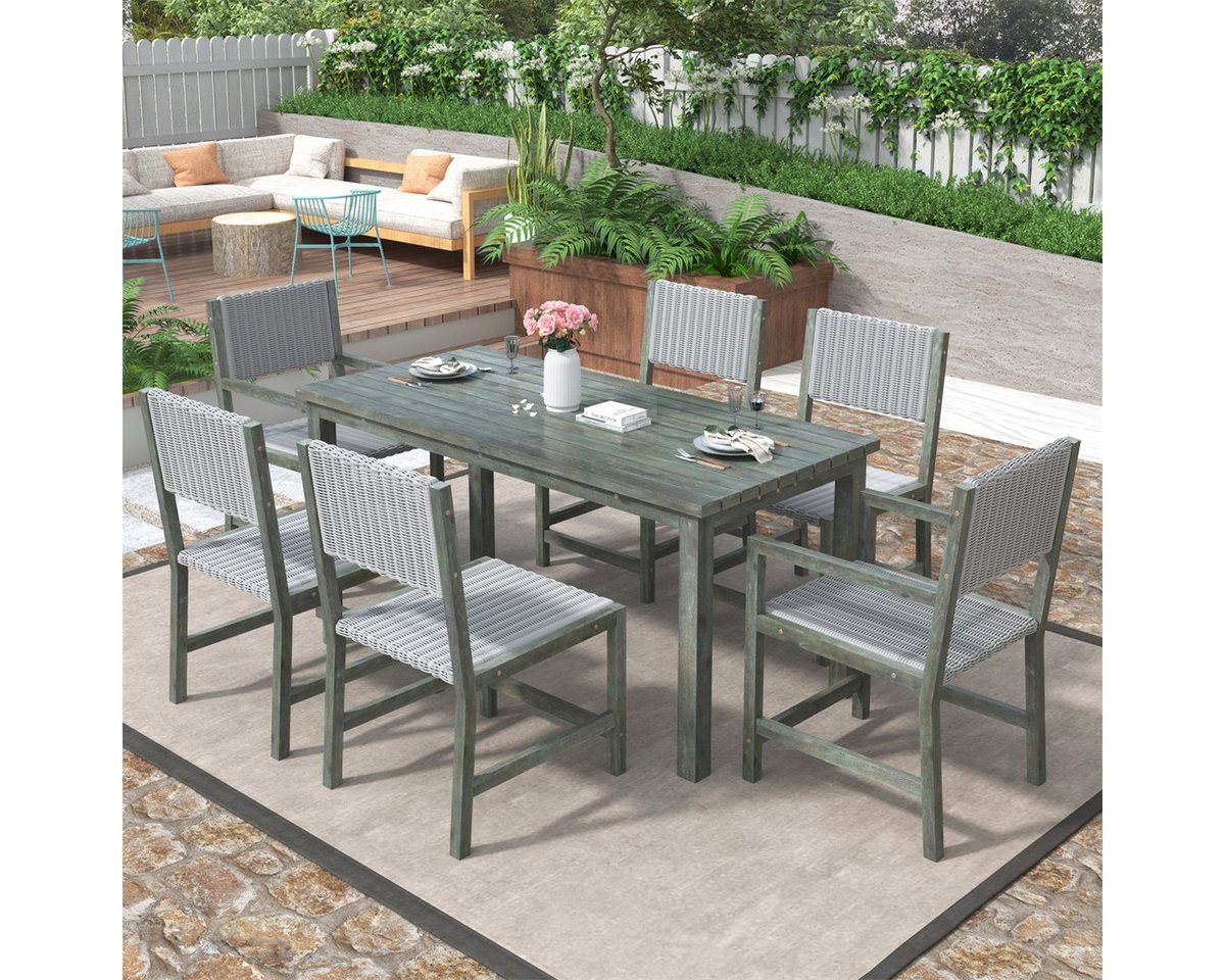 autolock Garten-Essgruppe 7-teiliges Outdoor-Esstisch-Set,Gartenmöbel-Set aus PE-Rattan, mit Tischplatte aus Akazienholz,Stuhlgestell aus Akazienholz von autolock