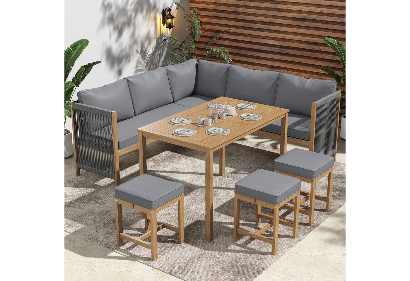 autolock Gartenlounge-Set Garten-Essgruppe mit Kissen,Ecksofa,Polyrattan Lounge,Balkonset, für 7–8 Personen,mit Sofa,3 Hocker und 1 Tisch, Aus Akazie von autolock