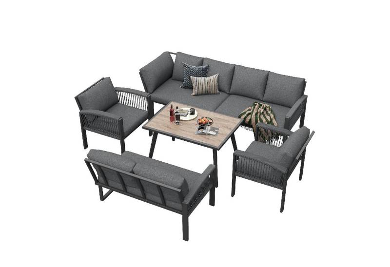 autolock Gartenlounge-Set Garten-Lounge-Set,Möbelset,Seilwerk,großer Tisch mit Holzmaserung, mit verzinktem Eisengestell,verstellbare Beine,inklu.Sitz/Rückenkissen von autolock