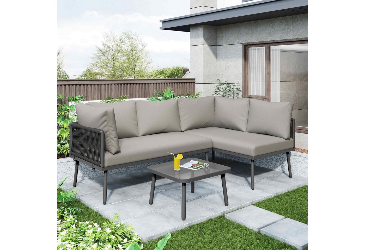 autolock Gartenlounge-Set Gartenmöbel-Set aus Seil für 3-4 Personen mit verstellbaren Füßen, (2 Sofas 1 Tisch mit Rahmen aus verzinktem Eisen), Terrassenmöbel für Balkon Schwimmbad outdoor von autolock