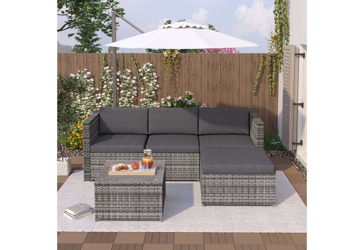 autolock Gartenlounge-Set Polyrattan Lounge-Sofagarnitur Lounge-Gartenmöbel Ecksofa, Couchgarnitur mit Sitz- und Rückenkissen Tisch Glasplatte von autolock