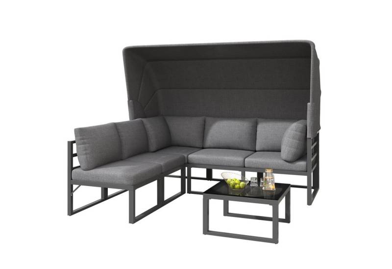 autolock Gartenlounge-Set Sonneninsel-Sitzgruppe wasserfest für 4-6 Person aus Eisen mit Markise, (1 Oberes Sonnensofa 2 Stuhl 1 Couchtisch inklusive aller Kissen), Terrassenmöbel Balkonmöbel Outdoor-Möbel für Pool & Balkon von autolock
