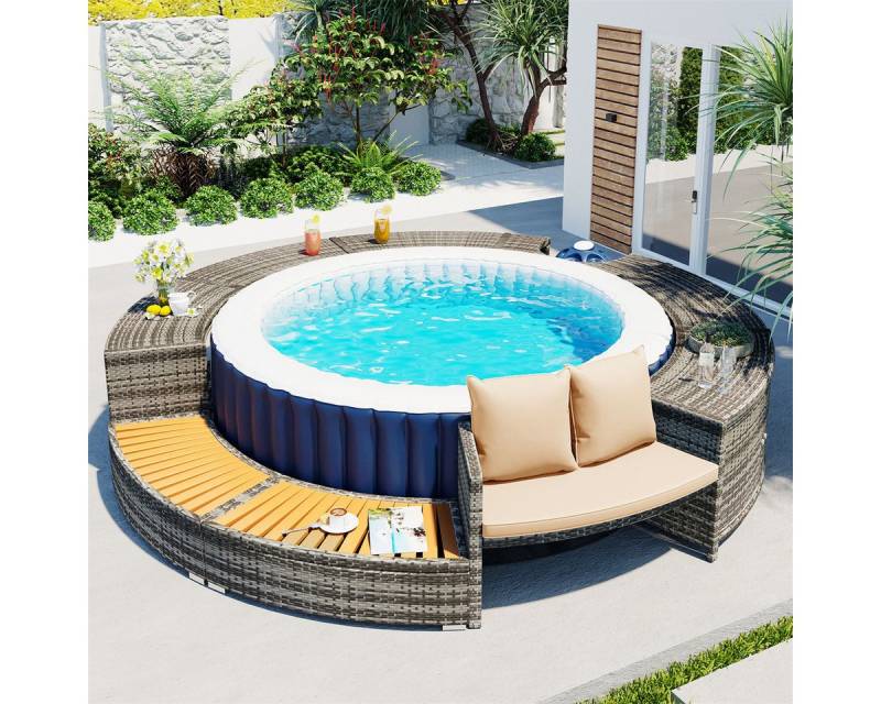 autolock Gartenlounge-Set Spa-Pool,Gartenmöbel-Set,Poolumrandung,PE-Rattan und Akazienholz, mit Stauraum,verstellbaren Füßen, inklusive Kissen von autolock