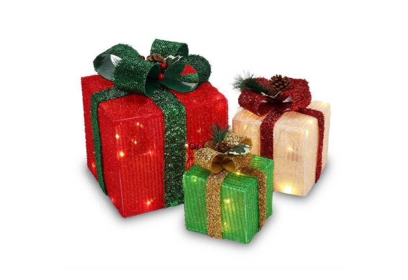 autolock Geschenkbox 3-tlg. LED-Geschenkbox-Set aus ABS-Kunststoff mit grünem Zwiebelstoff (60 warmweißen Lichtern, 8 Modi), batteriebetrieben – Weihnachtsdeko für Innen & Außen von autolock