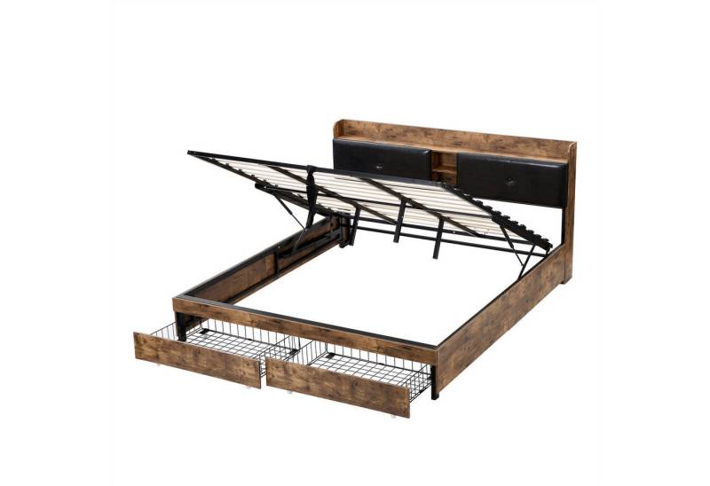autolock Hausbett Metallbett, 180 x 200 cm, Hydraulikbett,Doppelbett, Kinderbett, mit Stauraum-Kopfteil und Metall Lattenrost,Holzfarbe+Schwarz von autolock