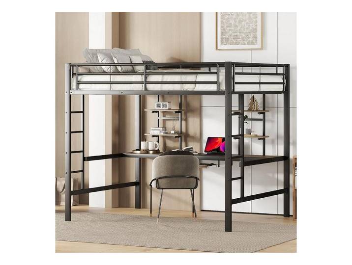 autolock Hochbett Hochbett, mit Schreibtisch und zwei Bücherregalen, 140*200cm, Schwarz von autolock