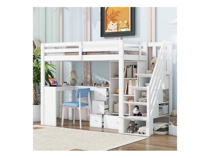 autolock Hochbett Kinderbett Einzelbett mit Geländer, Schreibtisch, Aufbewahrungsleiter Continentalbett Stauraumbett Jugendbett von autolock