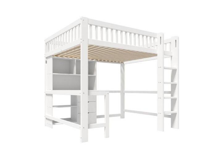 autolock Hochbett Kinderbett Holzbett aus Kiefernholz mit Schreibtisch, Leiter, Stauraum (140 × 200 cm) Jugendbett Kinderbett, Weiß von autolock