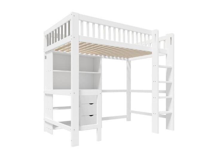 autolock Hochbett Kinderbett Holzbett aus Kiefernholz mit Schreibtisch, Leiter, Stauraum (90 × 200 cm) Jugendbett Kinderbett, Weiß von autolock