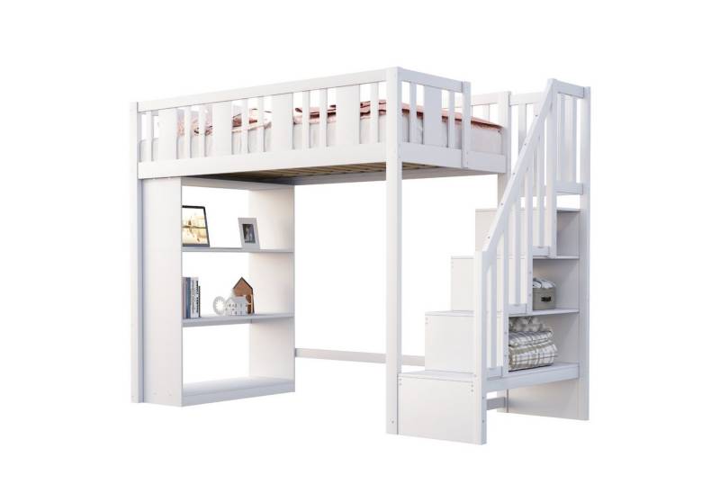 autolock Hochbett Kinderbett mit Massivholzrahmen Stauraumtreppe mehreren Staufächern (90 x 200 cm ohne Matratze) Funktionsbett Holzbett Kinderbett Jugendbett von autolock