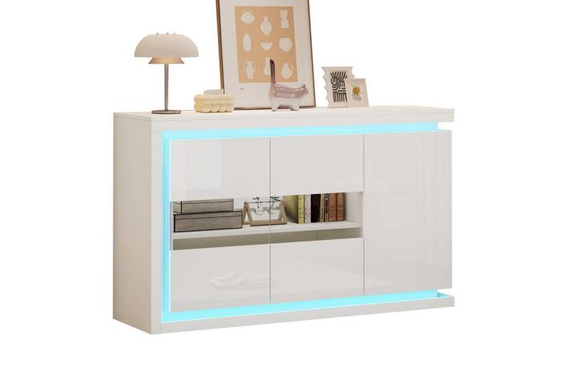 autolock Hochkommode Wohnzimmerschrank,Moderne Kommode mit 4 Fächern,B140cm,Beistellschrank, mit LED-Lichtleiste,Hochglanz-Sideboard mit Türen aus gehärtetem Glas von autolock