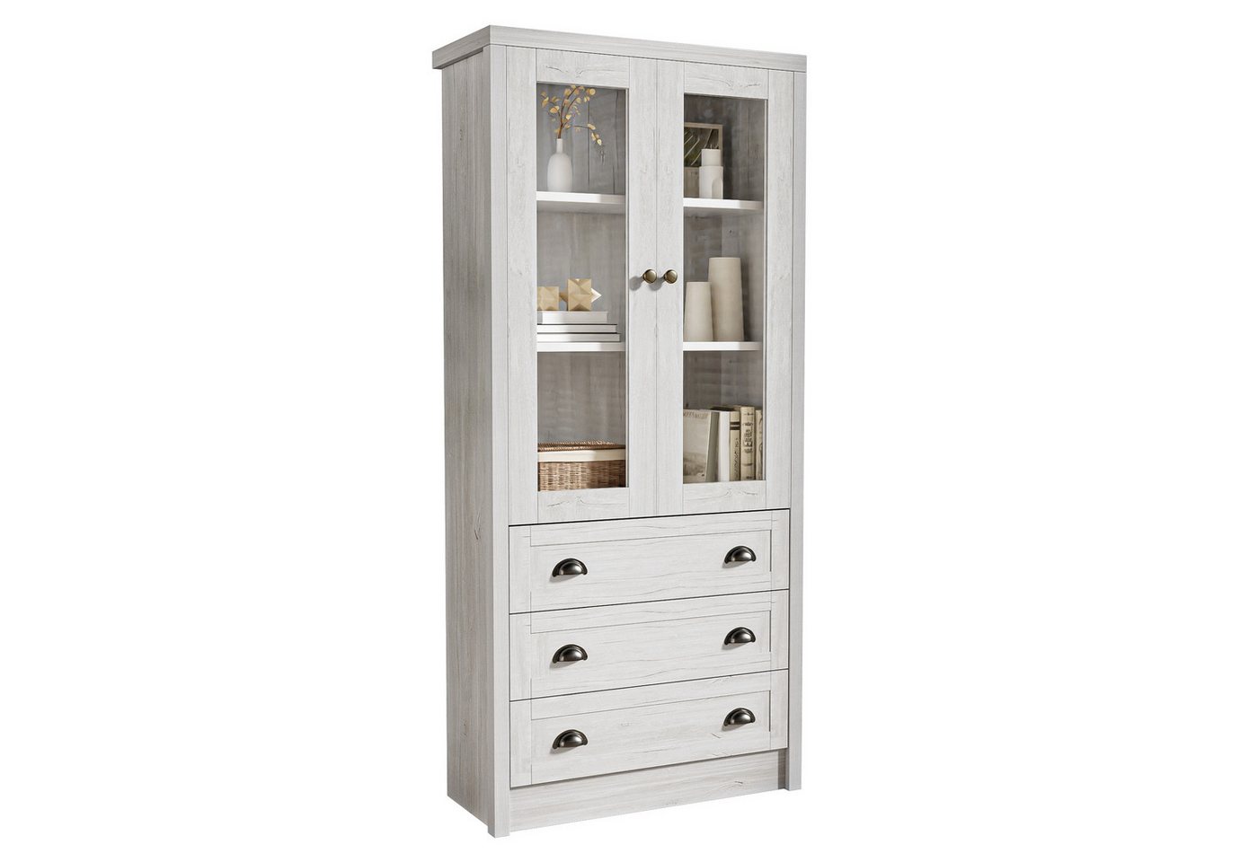 autolock Hochschrank Vitrine Schaukasten Holzoptik mit Glastüren 3 Schubladen Kupfergriffen (80 x 34 x 171 cm) Stilvoller Stauraum für Wohnzimmer, Büro & Flur von autolock