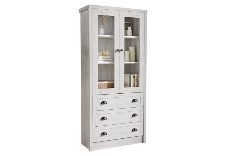autolock Hochschrank Vitrine Schaukasten Holzoptik mit Glastüren 3 Schubladen Kupfergriffen (80 x 34 x 171 cm) Stilvoller Stauraum für Wohnzimmer, Büro & Flur von autolock
