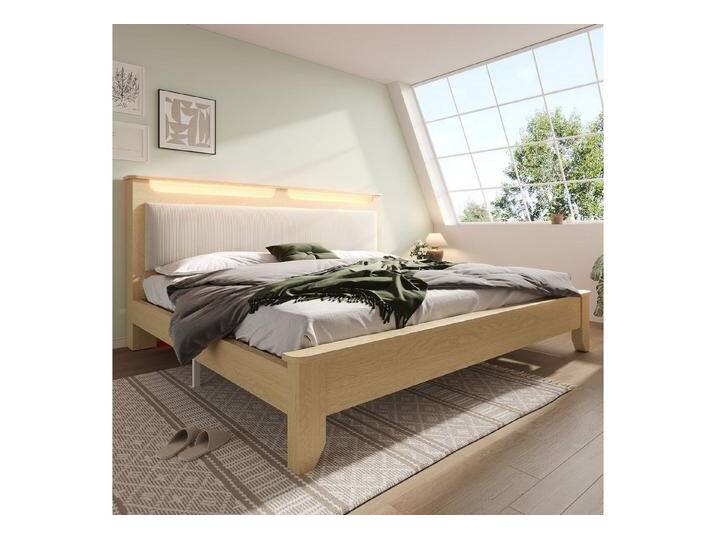 autolock Holzbett Bettgestell Doppelbett Bettrahmen mit Cordpolster-Rückenlehne (140 × 200 cm), Bettgestell Kopfteil mit Stauraum, beige von autolock