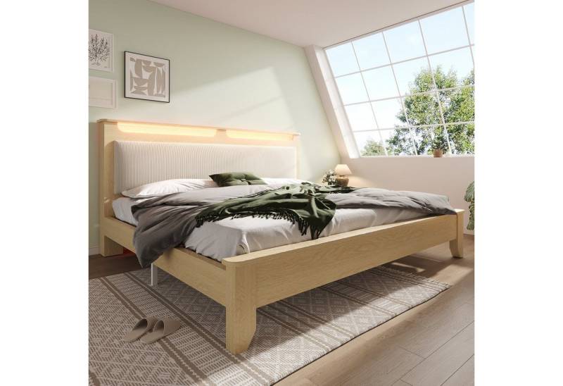 autolock Holzbett Bettgestell Doppelbett Bettrahmen mit Cordpolster-Rückenlehne (140 × 200 cm), Bettgestell Kopfteil mit Stauraum von autolock