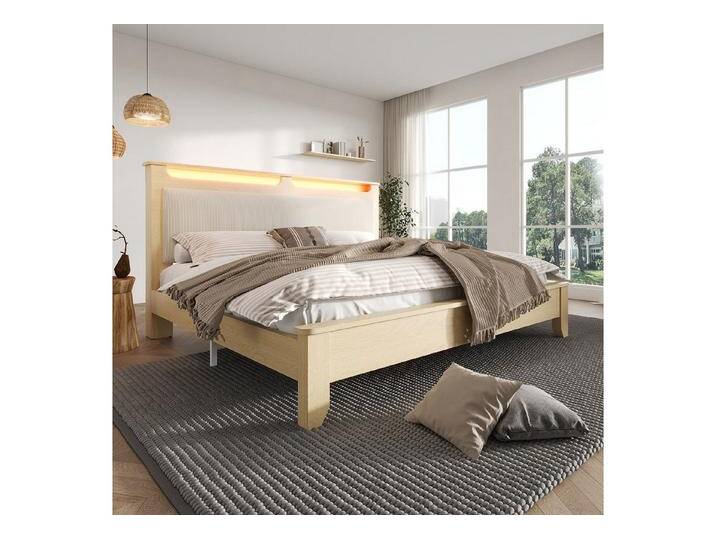 autolock Holzbett Bettgestell Doppelbett Bettrahmen mit Cordpolster-Rückenlehne (180 × 200 cm), Bettgestell Kopfteil mit Stauraum, beige von autolock