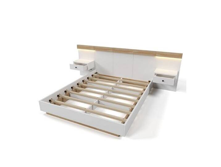 autolock Holzbett Doppelbett Bettanlage mit 2 LED Nachtkommoden & USB Typ C Steckdose (160 × 200 cm Ohne Matratze), Schlafzimmer Komplett, weiß von autolock