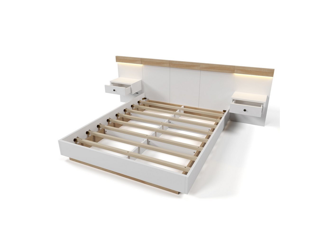 autolock Holzbett Doppelbett Bettanlage mit 2 LED Nachtkommoden & USB Typ C Steckdose (160 × 200 cm Ohne Matratze), Schlafzimmer Komplett von autolock