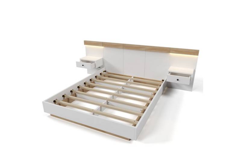 autolock Holzbett Doppelbett Bettanlage mit 2 LED Nachtkommoden & USB Typ C Steckdose (160 × 200 cm Ohne Matratze), Schlafzimmer Komplett von autolock