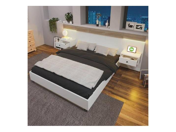 autolock Holzbett Doppelbett Bettanlage mit 2 LED Nachtkommoden & USB Typ C Steckdose (180 × 200 cm Ohne Matratze), Schlafzimmer Komplett, weiß von autolock