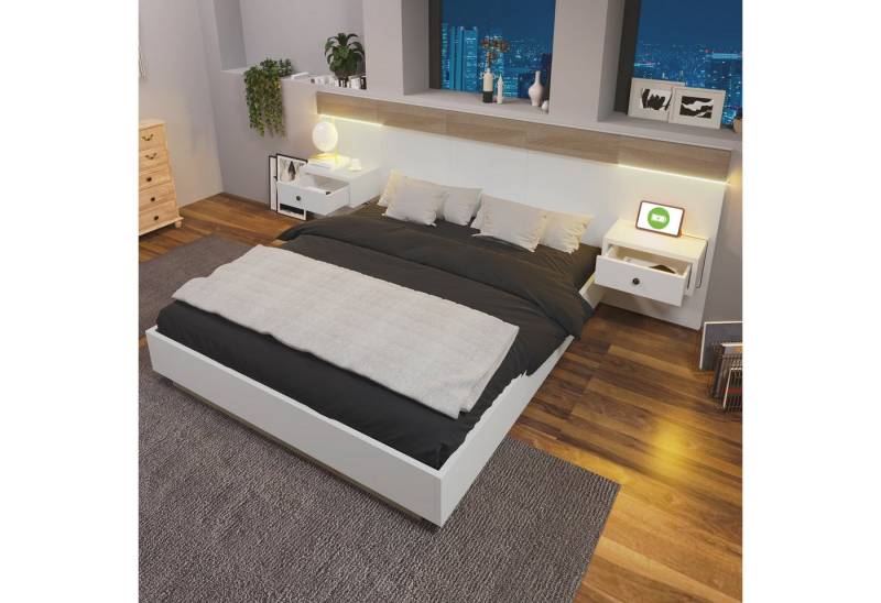 autolock Holzbett Doppelbett Bettanlage mit 2 LED Nachtkommoden & USB Typ C Steckdose (180 × 200 cm Ohne Matratze), Schlafzimmer Komplett von autolock