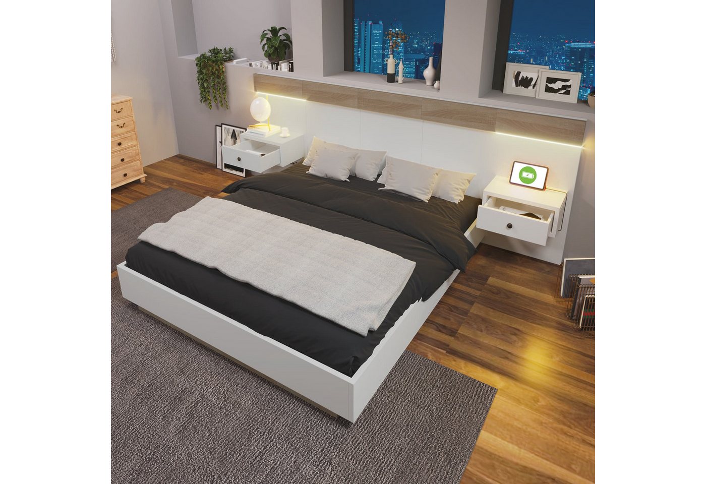 autolock Holzbett Doppelbett Bettanlage mit 2 LED Nachtkommoden & USB Typ C Steckdose (180 × 200 cm Ohne Matratze), Schlafzimmer Komplett von autolock