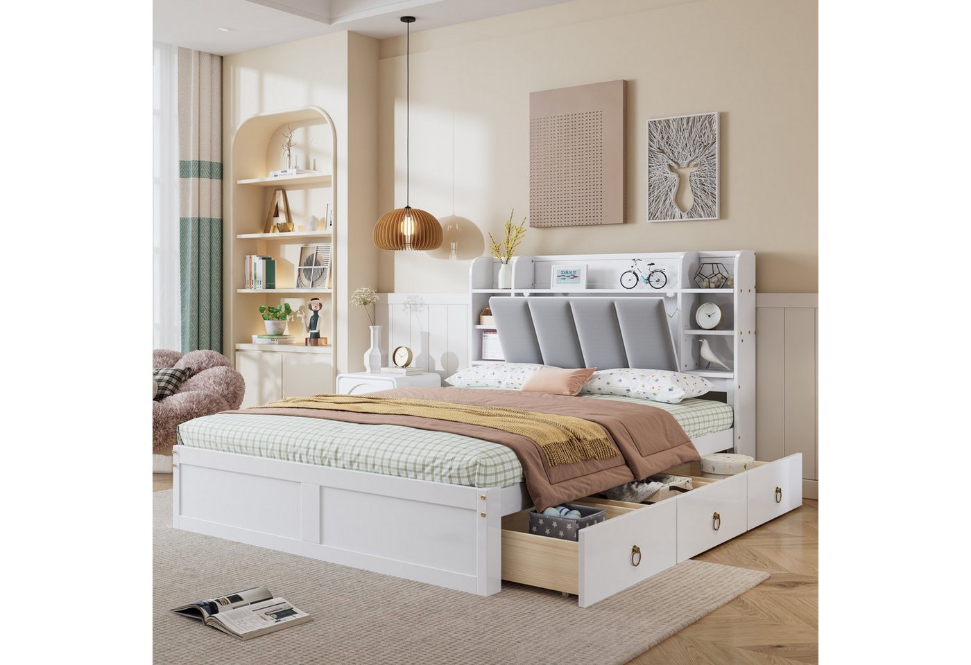 autolock Holzbett Doppelbett Rahmen aus Kiefer mit Klapptür-Fach & gepolstertem Kopfteil (140x200 cm), Bettgestell Einzelbett für Kinder, Jugendliche & Erwachsene, Samt von autolock